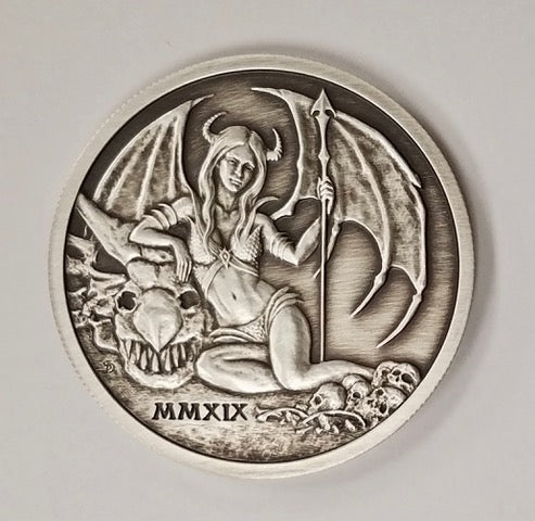 2019 Temptation of the Succubus - Antique Finish by Pheli Mint, 2oz .999  Fine Silver Round