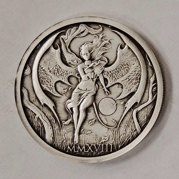 2018 Temptation of the Succubus - Antique Finish by Pheli Mint, 2oz .999  Fine Silver Round