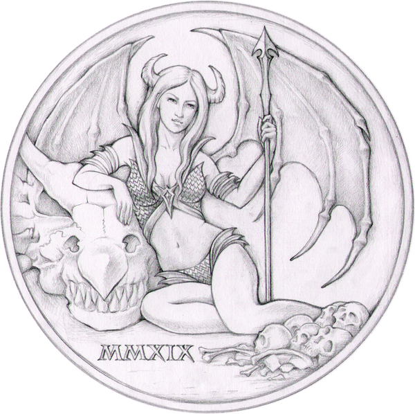 2019 Temptation of the Succubus - Antique Finish by Pheli Mint, 2oz .999  Fine Silver Round